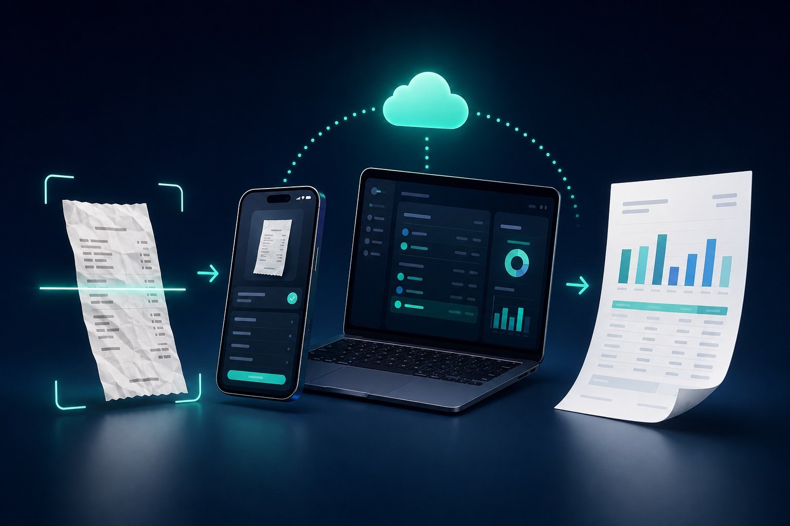 Illustration of a receipt moving through iPhone and Mac into an organised expense report
